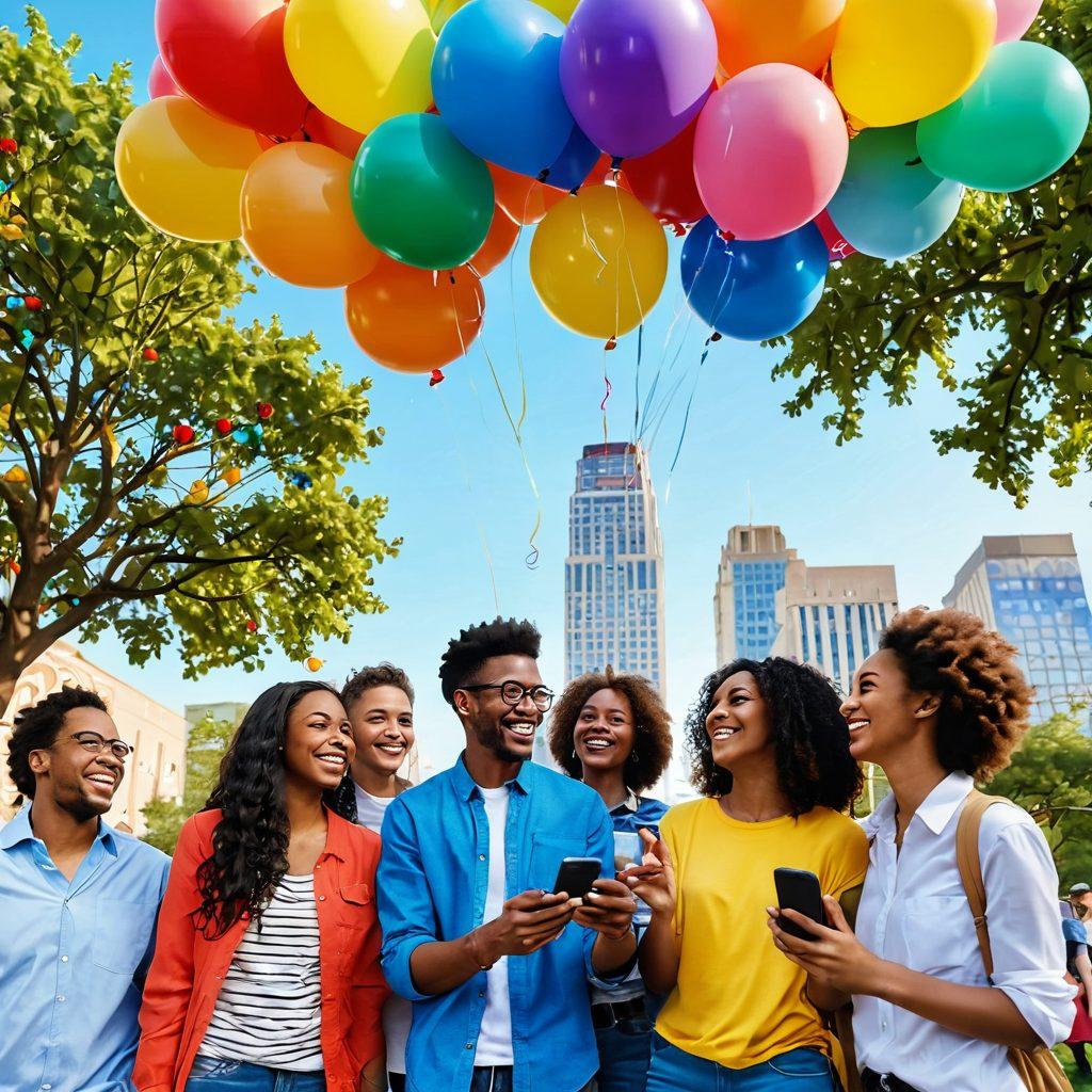 A vibrant community scene depicting diverse individuals engaging joyfully in an outdoor social gathering, showcasing laughter, friendship, and connection. Bright colors of balloons and decorations surround the group, with a backdrop of a city skyline and trees. Incorporate elements of technology, like smartphones and laptops, blending the digital with the personal. The overall atmosphere is warm and inviting, symbolizing happiness and togetherness. super-realistic. vibrant colors. 3D.
