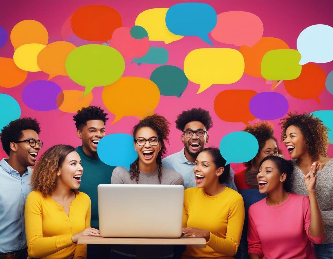 A vibrant digital collage depicting diverse people engaged in lively online discussions, surrounded by colorful speech bubbles symbolizing thoughts and ideas. The background features a blend of various online community icons, fostering a sense of connection and collaboration. Incorporate elements like gestures of enthusiasm, laughter, and creativity, illustrating the joy of building relationships in the digital realm. bright colors. dynamic composition. 3D.