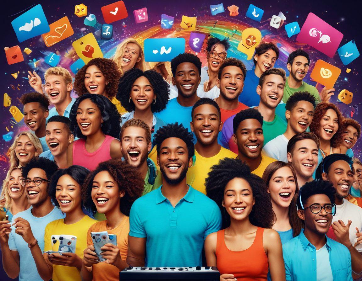 A vibrant digital collage depicting diverse people joyfully interacting on various entertainment platforms, with elements of music, movies, and gaming floating around. Include cheerful expressions, colorful emojis, and engaging visual effects that symbolize connection and happiness. The background should be dynamic and inviting, suggesting a sense of community and enjoyment. . super-realistic. vibrant colors. 3D.
